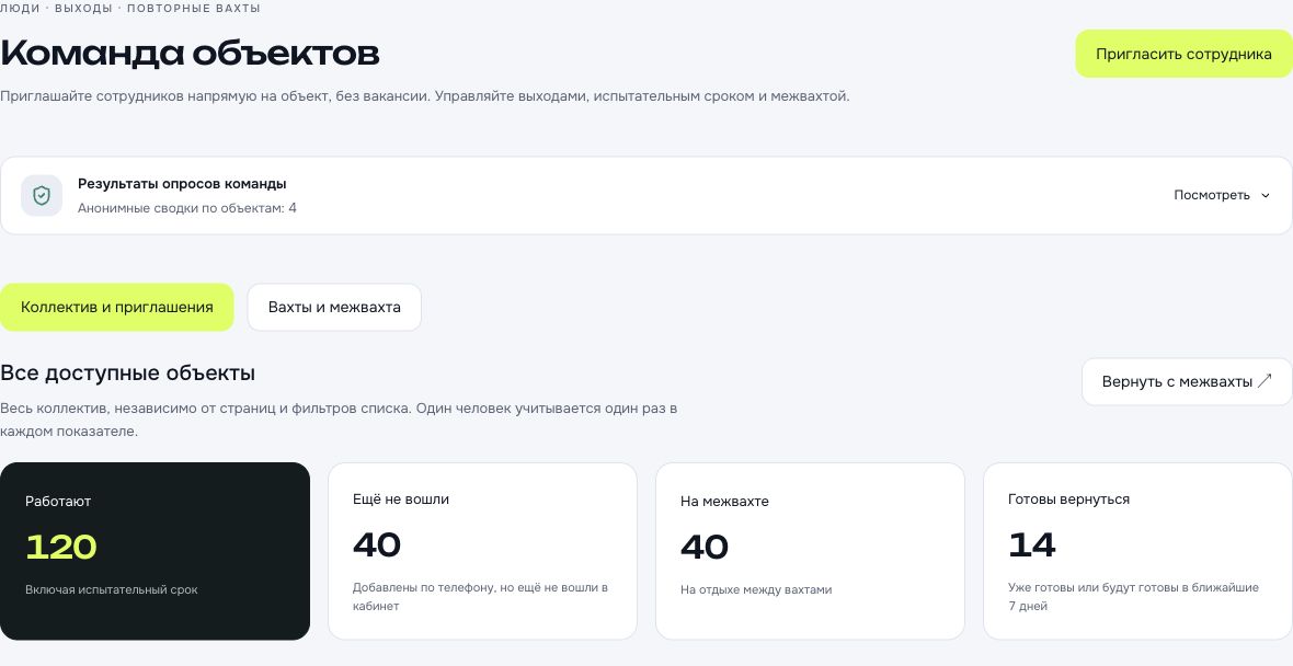 Команда объектов в кабинете работодателя